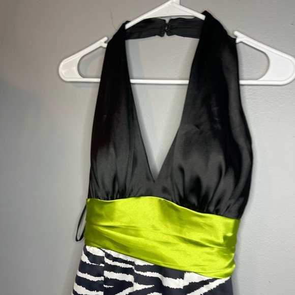 Betsy & Adam Size 2 Zebra Print Halter Gown with Lime Waist - Picture 4 of 10